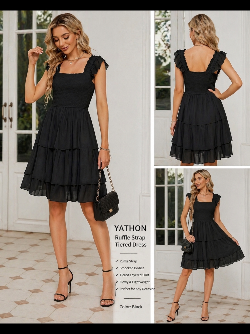 Black Ruffle Strap Tiered Dress Size S YATHON Smocked Bodice Flowy Mini NWT